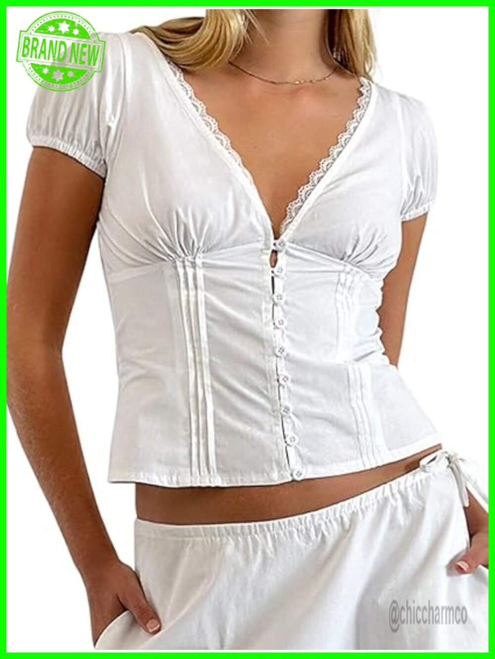 Y2K Button Down Crop Top Short Sleeve V Neck Blouse Preppy Vintage